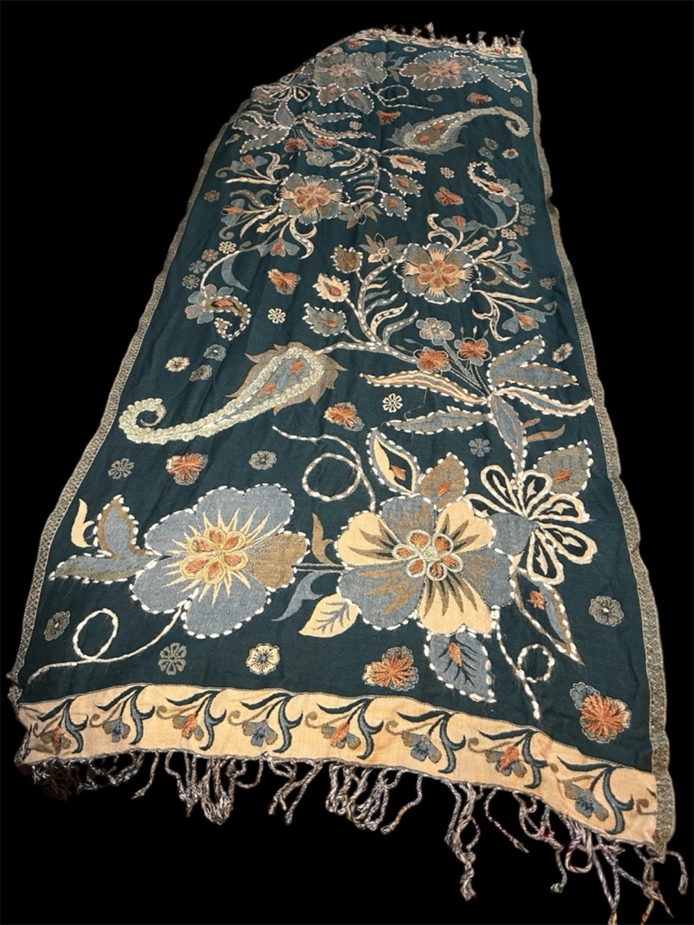 Vintage Embroidered Floral Table Runner - Hand Embroidered Yarn & Thread